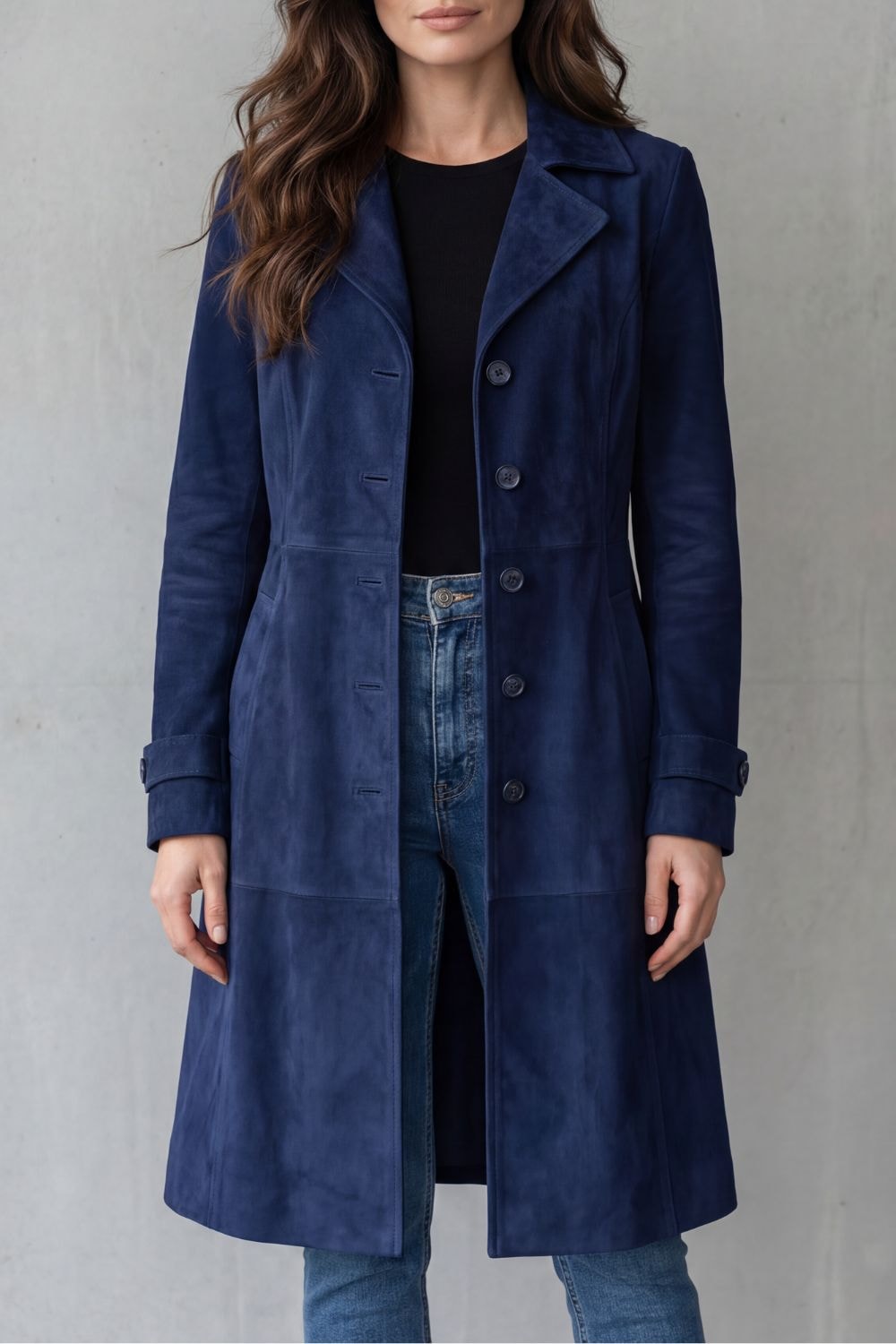 Women's Vintage Longline Winter Coat with Suede-Style Finish and Tailored Waist