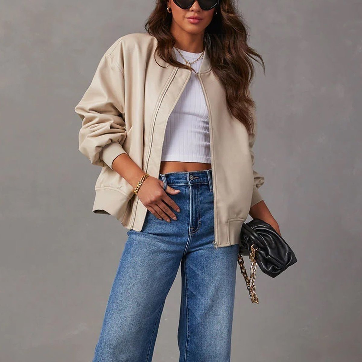 Oversized Faux Leather Bomber Jacket with Stand Collar and Ribbed Trim