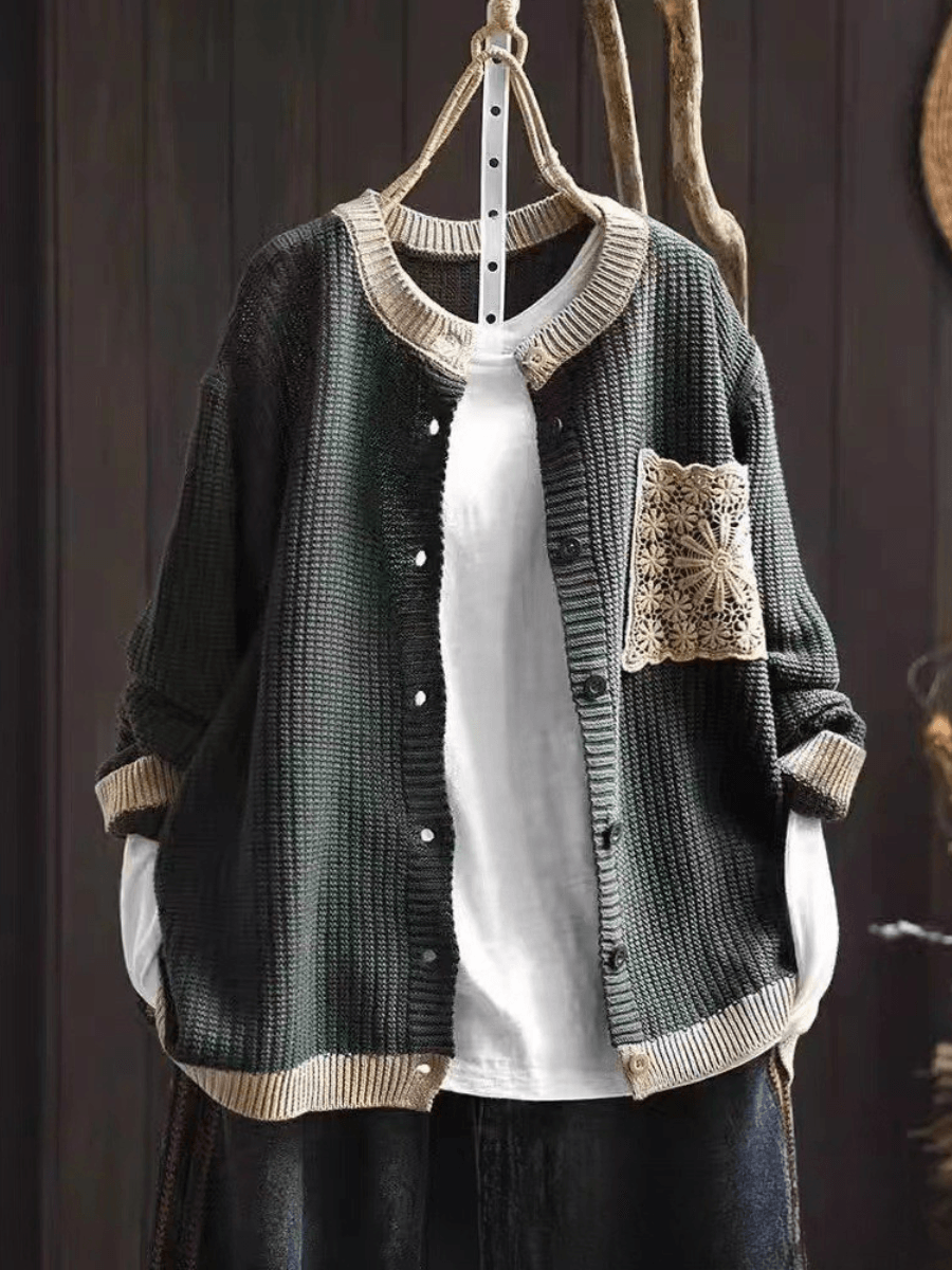 Women's Cardigan in Textured Knit with Lace Chest Pocket and Button Front