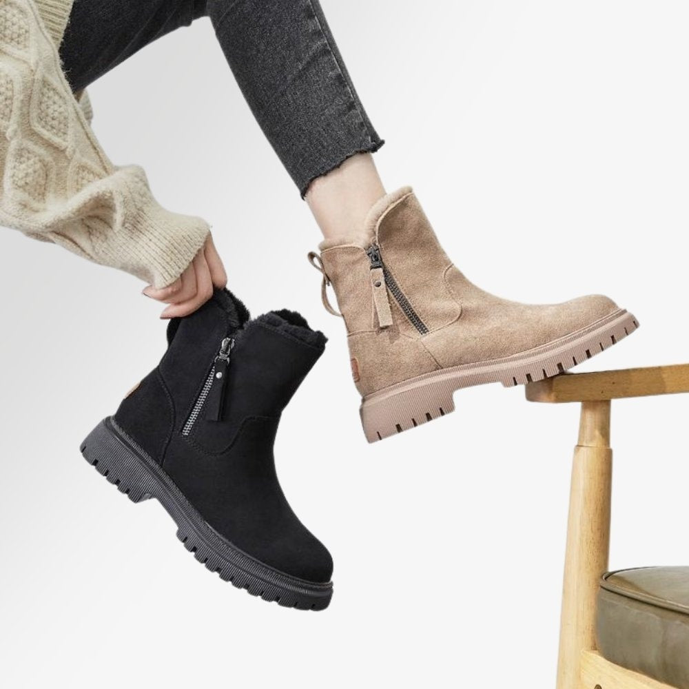 Fur-Lined Suede Winter Ankle Boots with Zipper Detail for Women