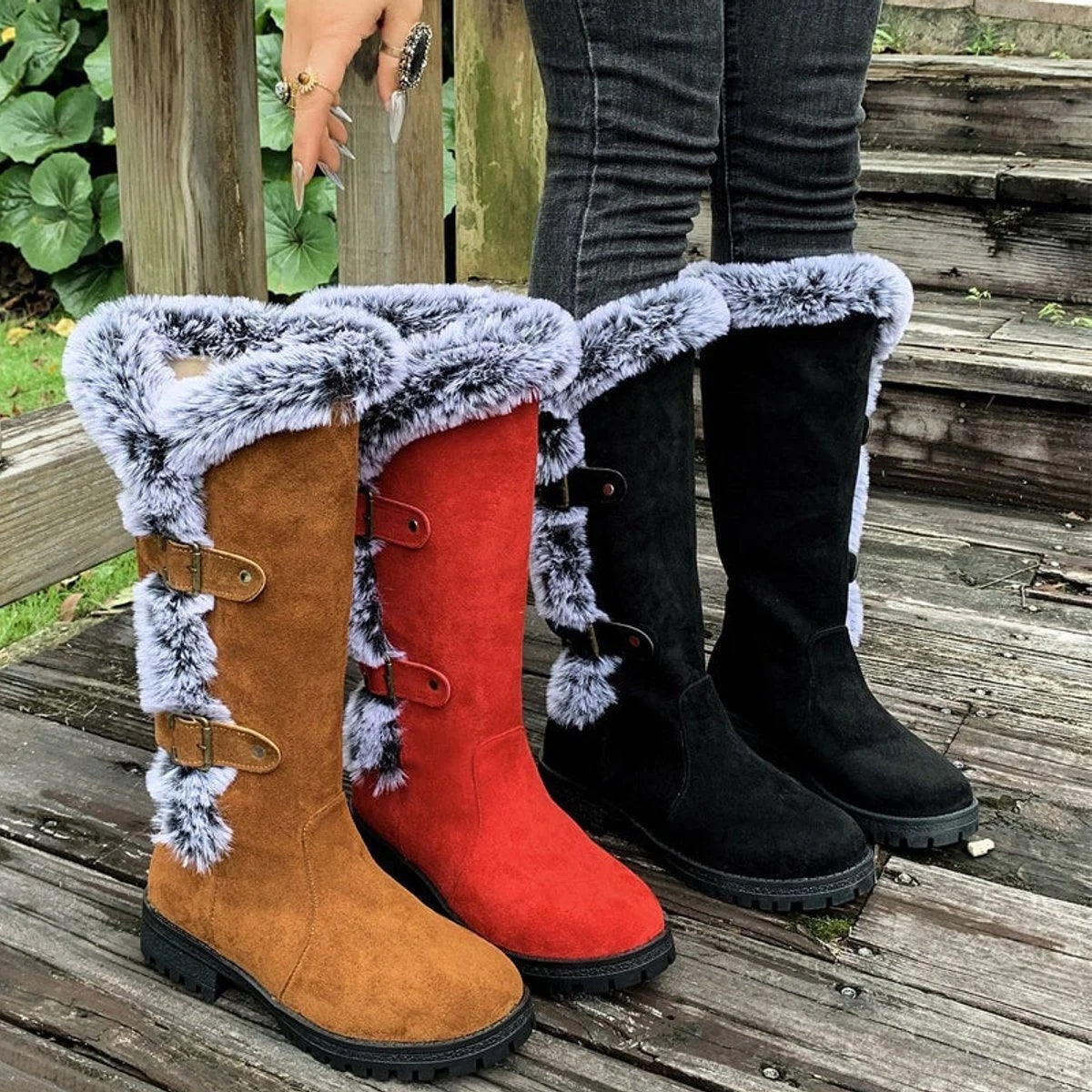 Women's Knee-High Faux Suede Boots with Buckle Straps and Plush Fur Trim