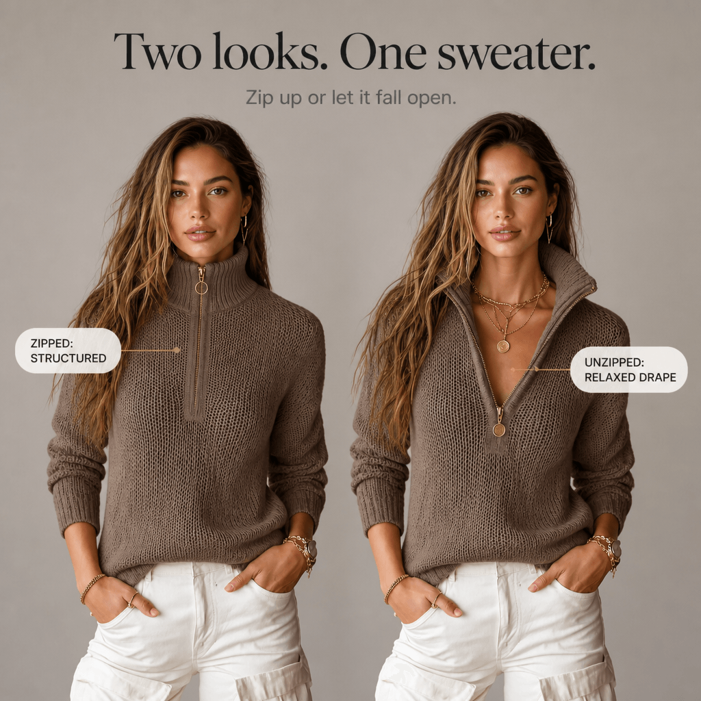 Women's Half-Zip Textured Knitted Sweater with Convertible Collar