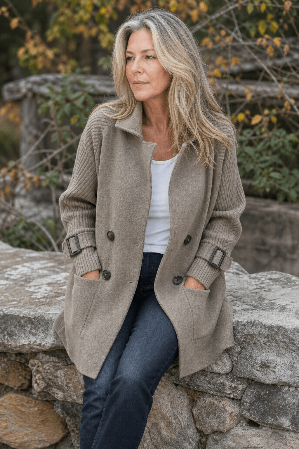Isola Cable-Knit Sleeve Double-Breasted Longline Winter Coat for Women