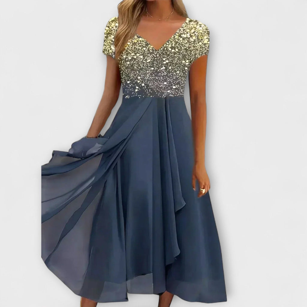 Women's Ombre Print V-Neck Chiffon Midi Dress with Short Sleeves and Layered Skirt