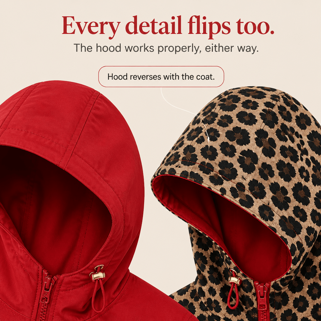 Women's Reversible Leopard Print Hooded Winter Coat with Solid Reverse Side