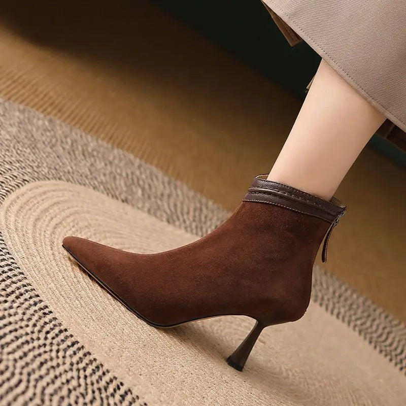 Fang Pointed-Toe Suede Women's Ankle Boots with Sculpted Kitten Heel