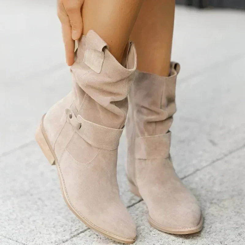 Berdine Slouchy Suede Mid-Calf Women's Boots with Buckle Strap Detail