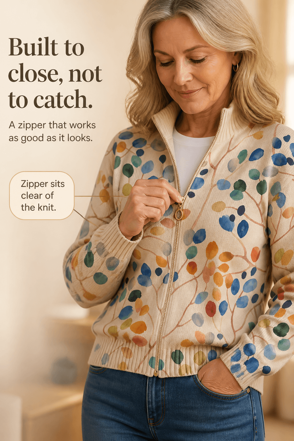 Women's Botanical Print Zip-Up Knit Cardigan Jacket