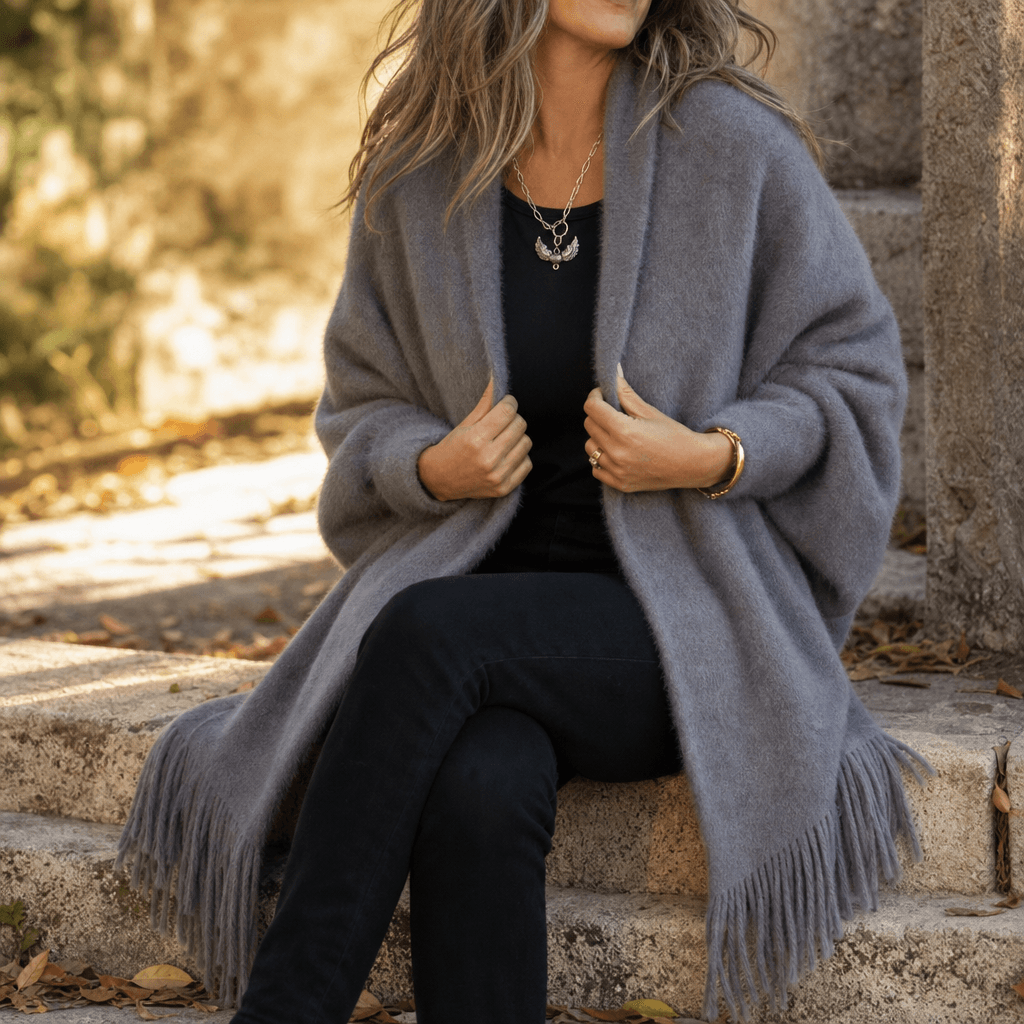 Women's Draped Shawl Collar Open-Front Wool Winter Coat with Fringe Detail