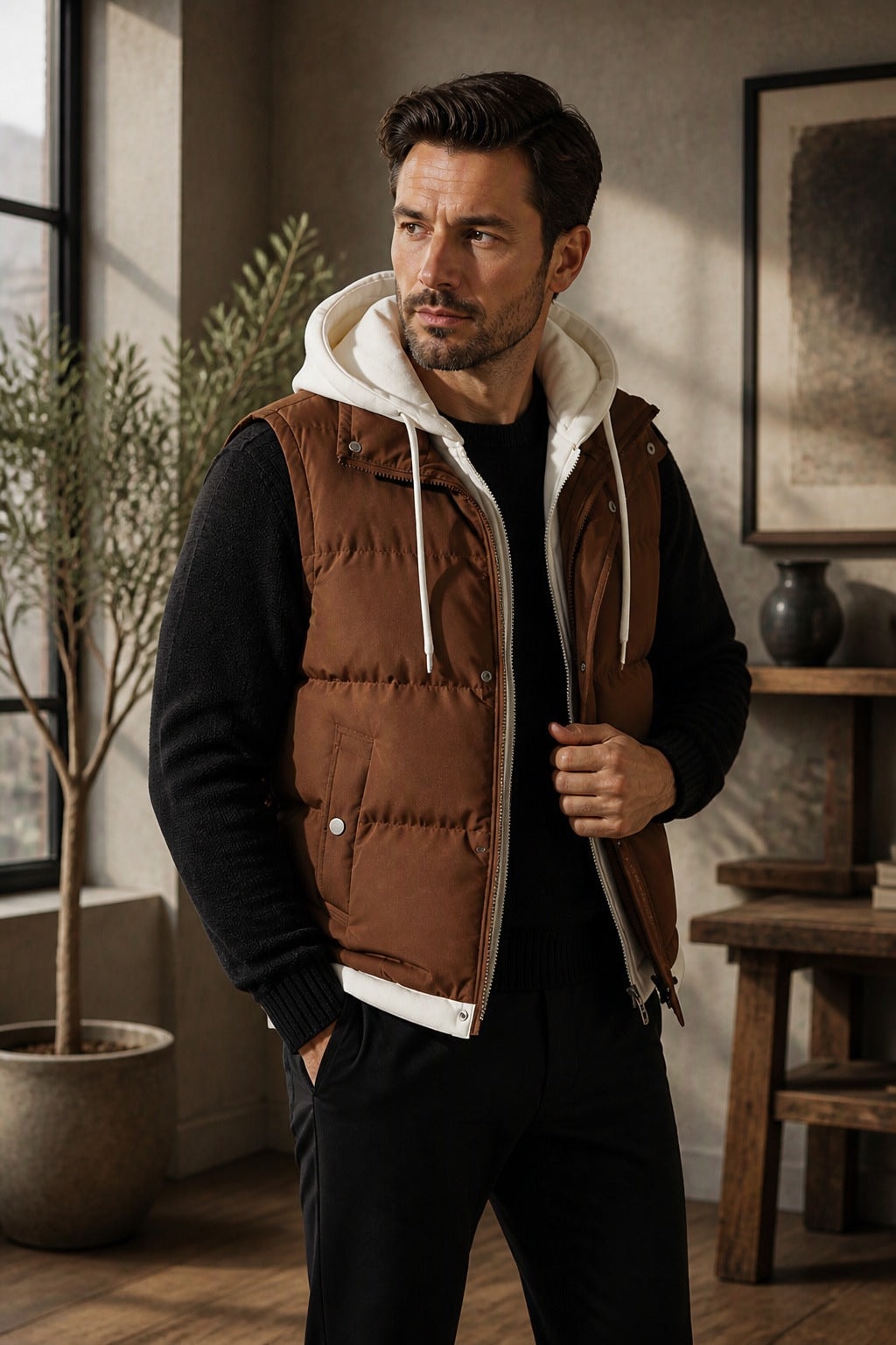 Double-Hood Quilted Puffer Vest with Layered Collar