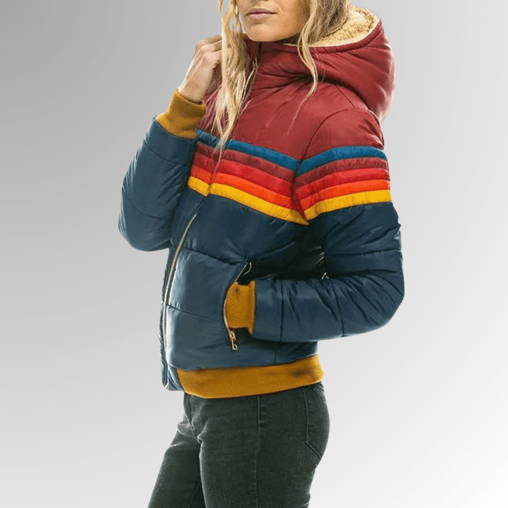 Hooded Quilted Puffer Jacket with Striped Chest Bands in Polyester