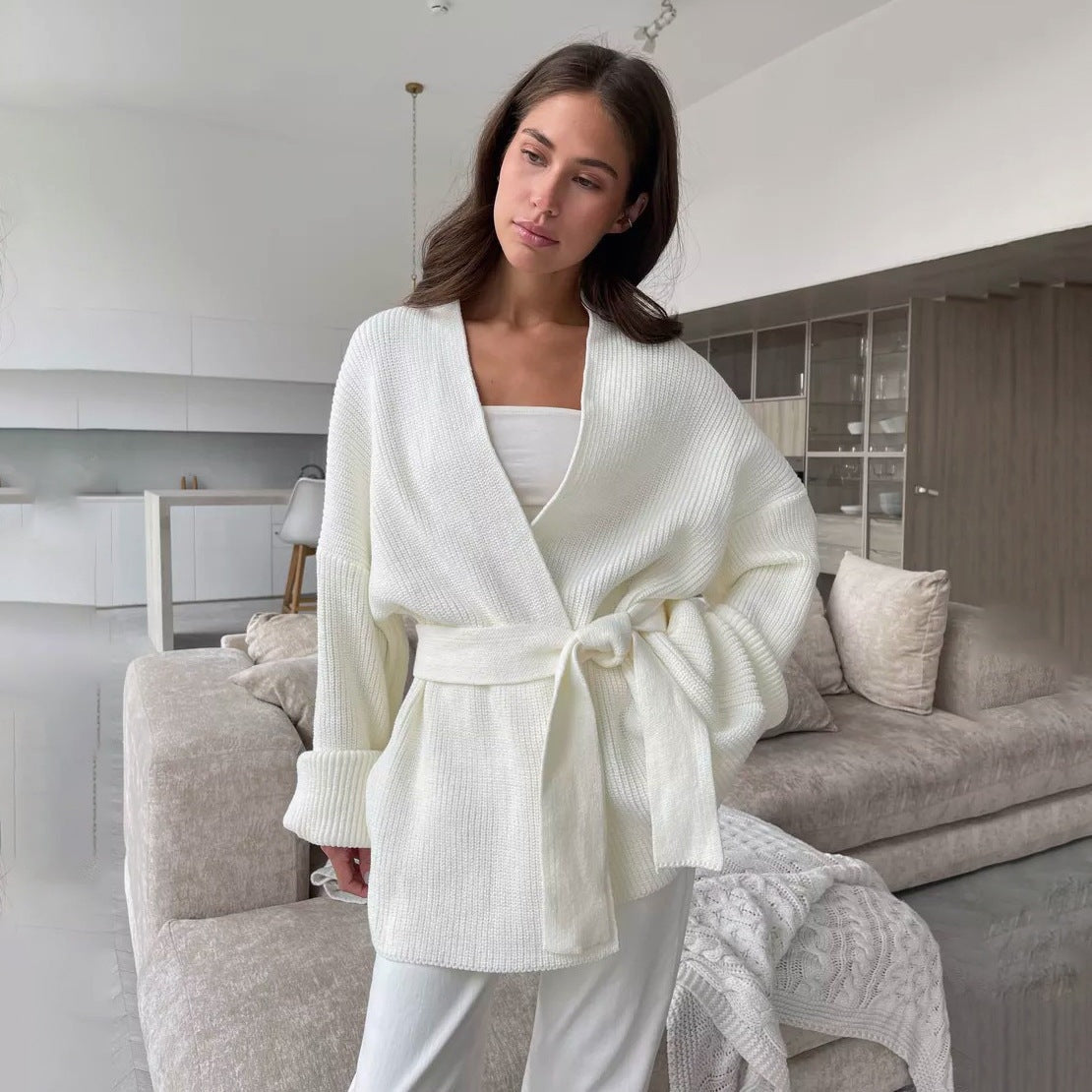 Women's Belted Knit Wrap Cardigan with Cuffed Sleeves and V-Neck