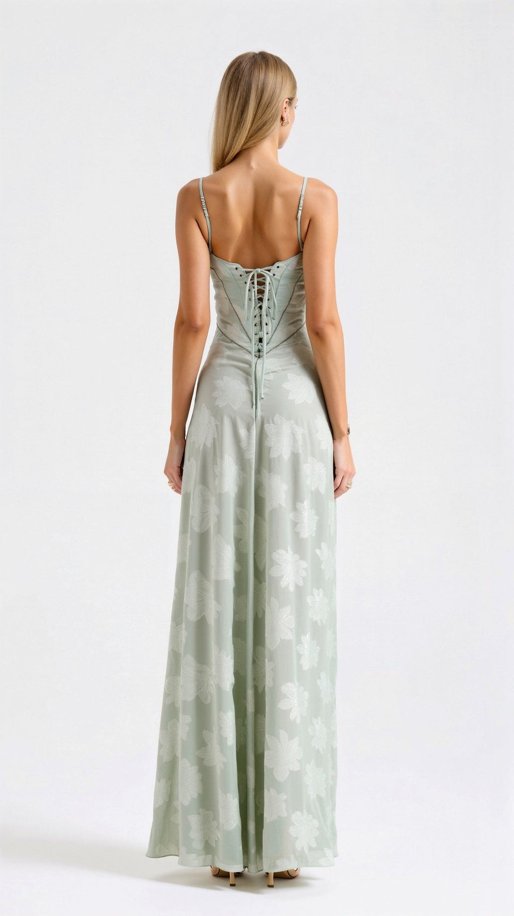 Women's Floral Bustier Maxi Wedding Guest Dress with Lace-Up Corset Back