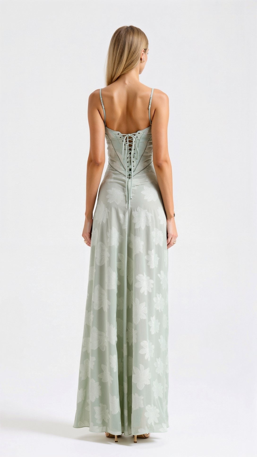 Women's Floral Bustier Maxi Wedding Guest Dress with Lace-Up Corset Back