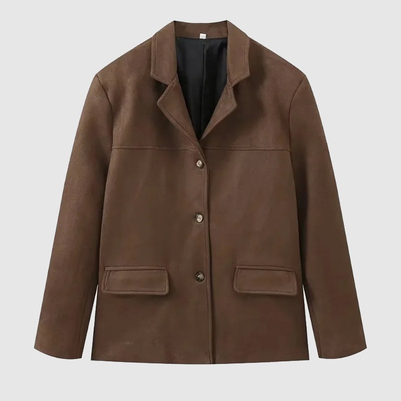 Women's Faux Suede Tailored Blazer with Notched Lapels and Flap Pockets