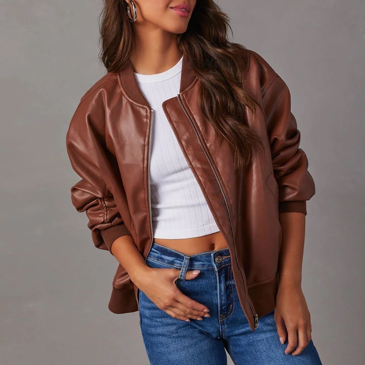 Oversized Faux Leather Bomber Jacket with Stand Collar and Ribbed Trim