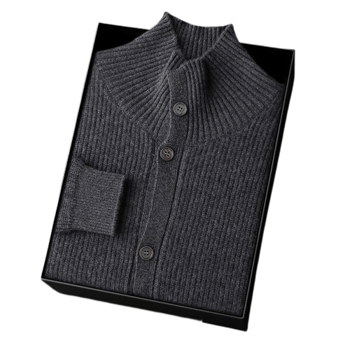 Men's Ribbed Stand-Collar Cardigan in Dense Knit with Button Front and Side Pockets