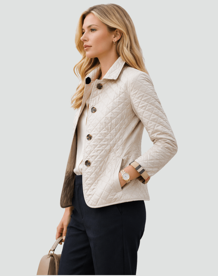 Quilted Puffer Jacket with Button Front and Collared Neckline