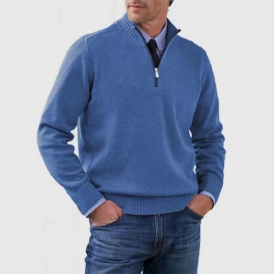 Men's Half-Zip Mock Neck Knitted Sweater with Ribbed Trim
