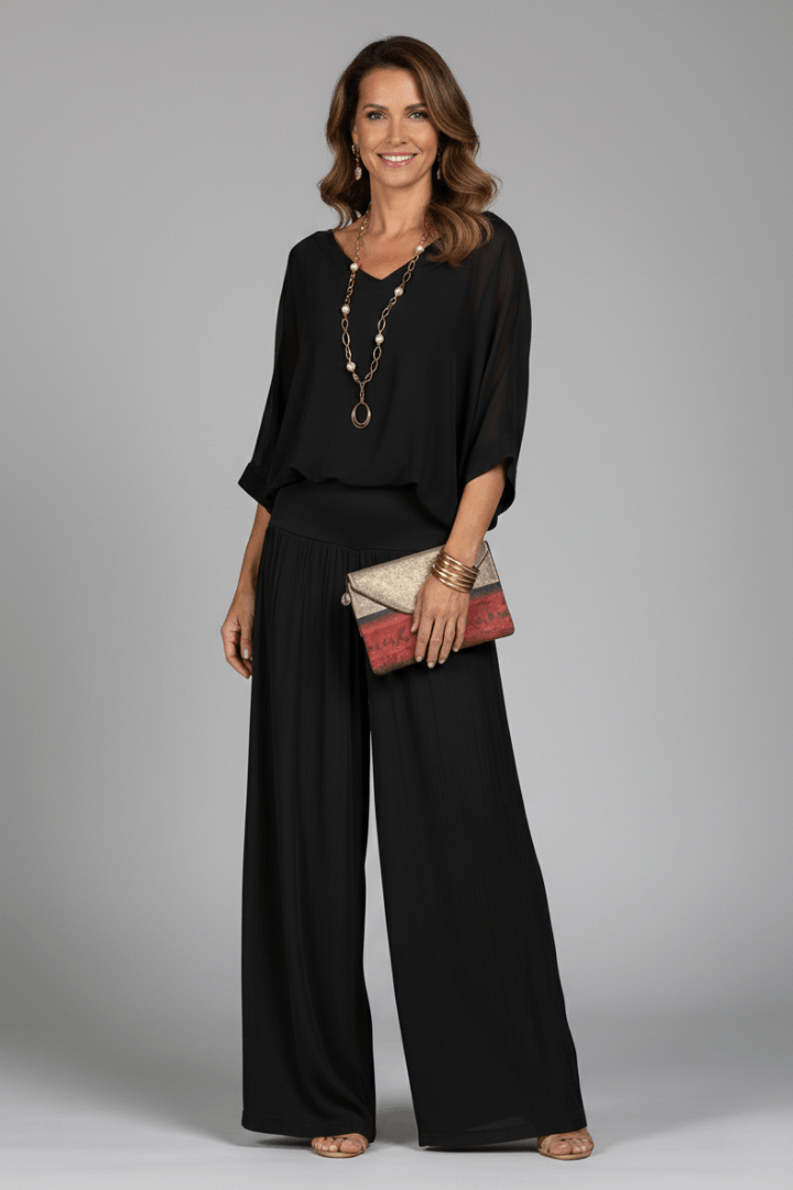 Natalie Women's Chiffon Wide-Leg Two-Piece Co-Ord Set with Draped Top