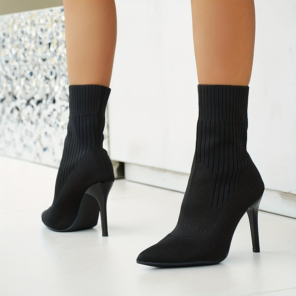 Women's Pointed-Toe Ribbed Knit Ankle Boots with Stiletto Heel