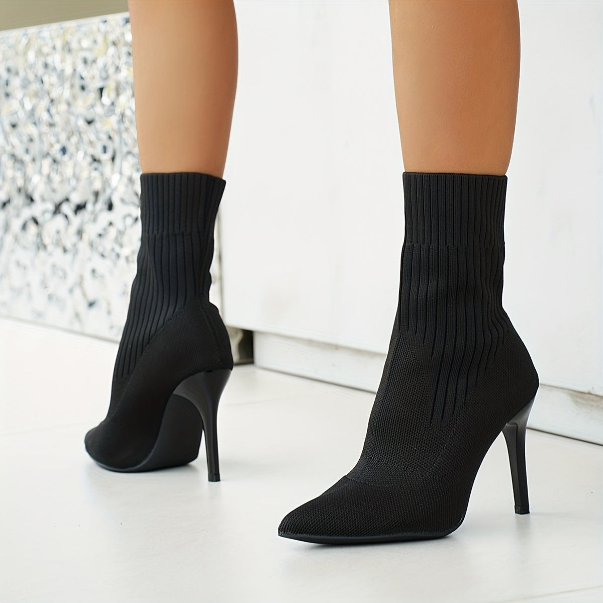 Women's Pointed-Toe Ribbed Knit Ankle Boots with Stiletto Heel