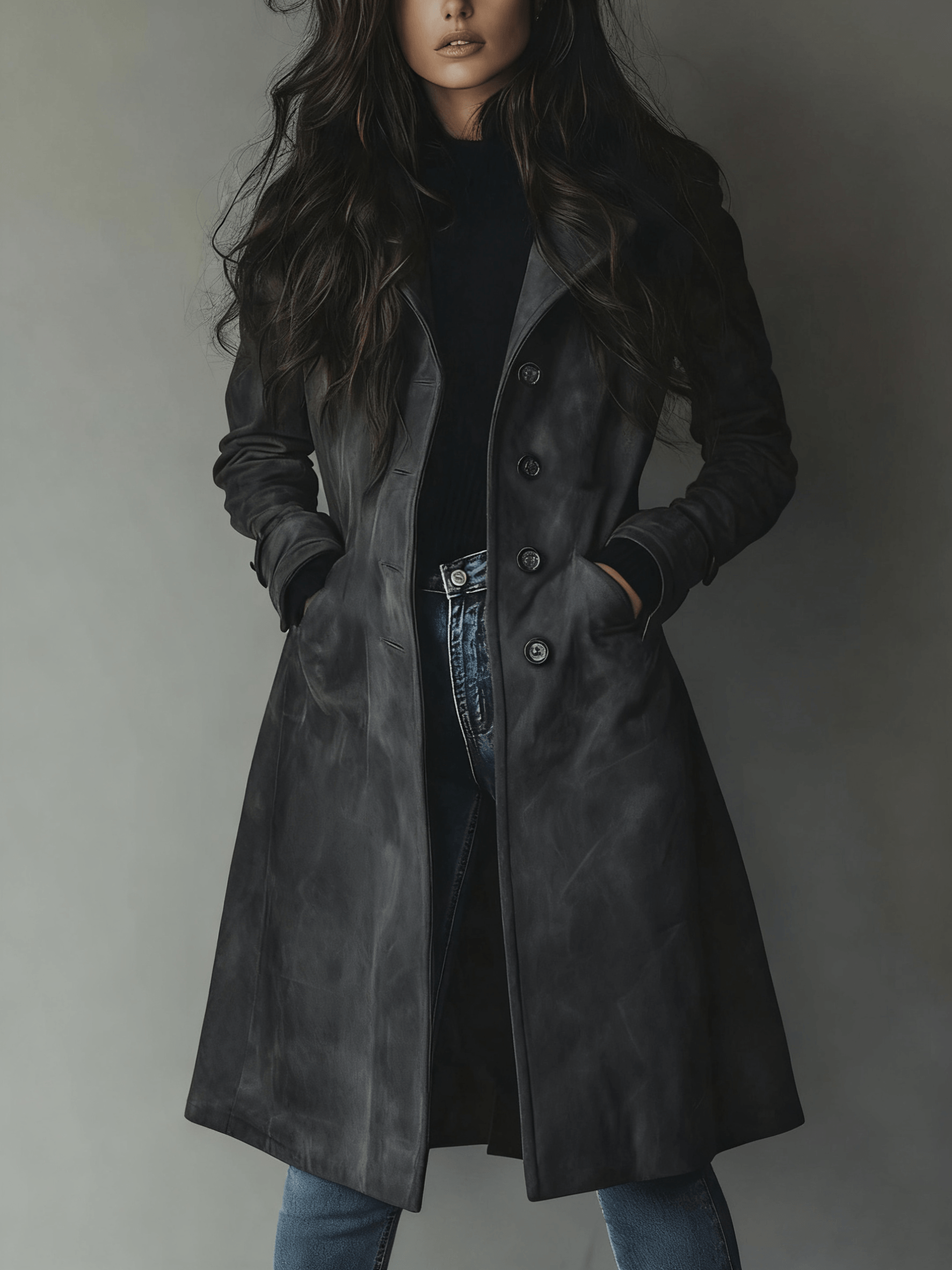 Longline Faux Suede Button-Front Trench Coat with Lapel Collar