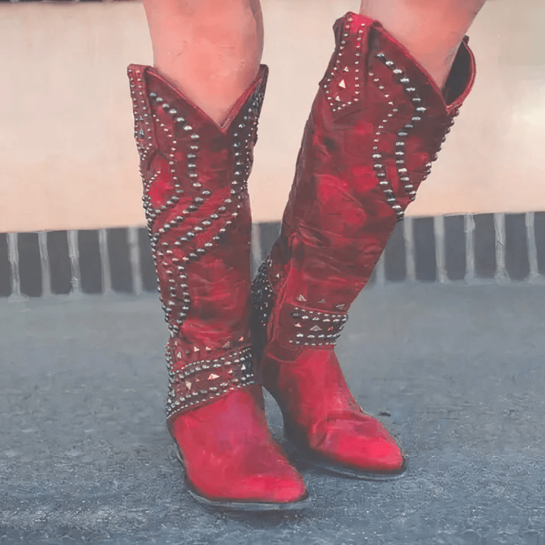 Riloh Studded Pointed-Toe Knee-High Western Womens Boots