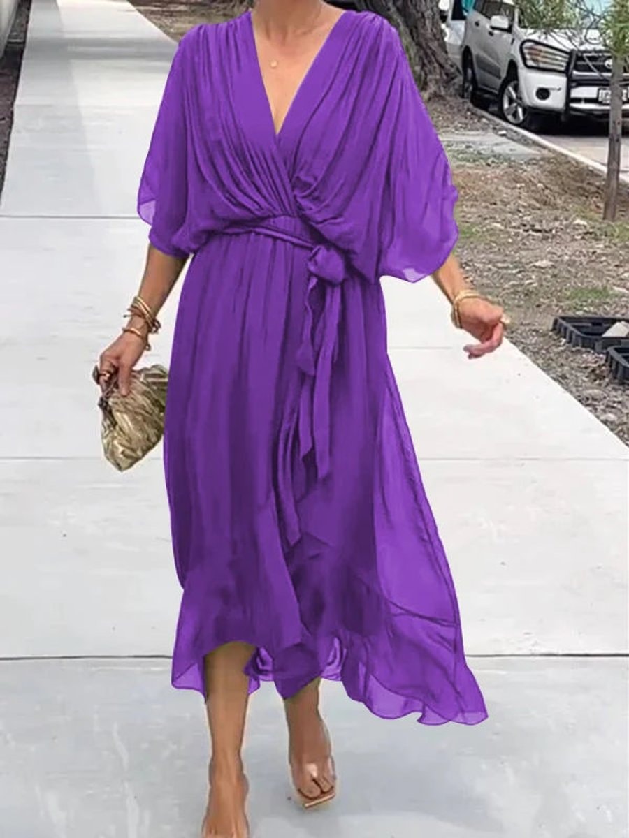 Women's Belted Chiffon Wrap Dress with V-Neck and Flowy Midi Length
