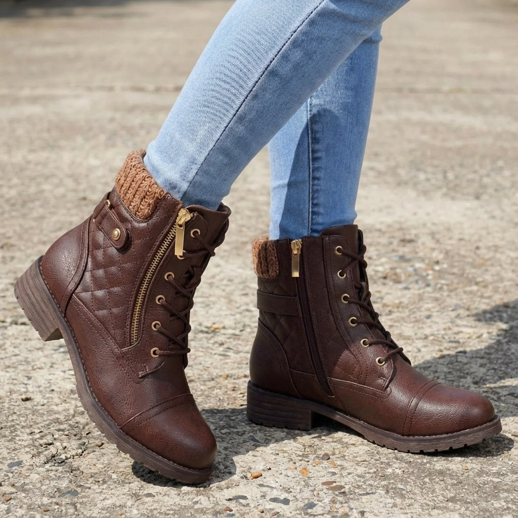 Women's Quilted Lace-Up Ankle Boots with Side Zip and Block Heel