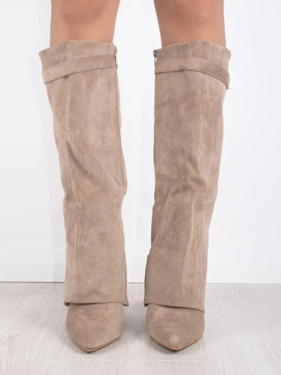 Knee-High Fold-Over Brown Boots with Buckle Strap for Fall and Winter