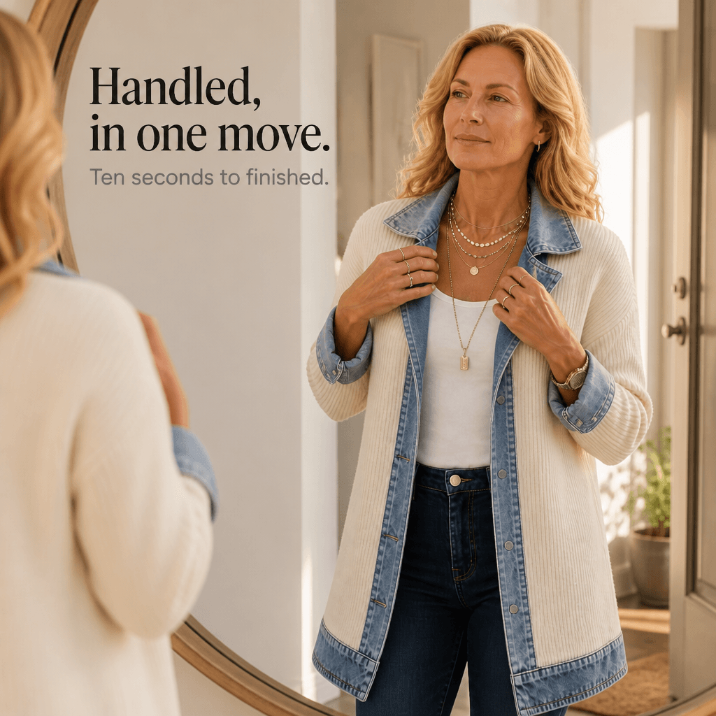 Women's Ribbed Knit Longline Sweater Cardigan with Denim Panel Trim