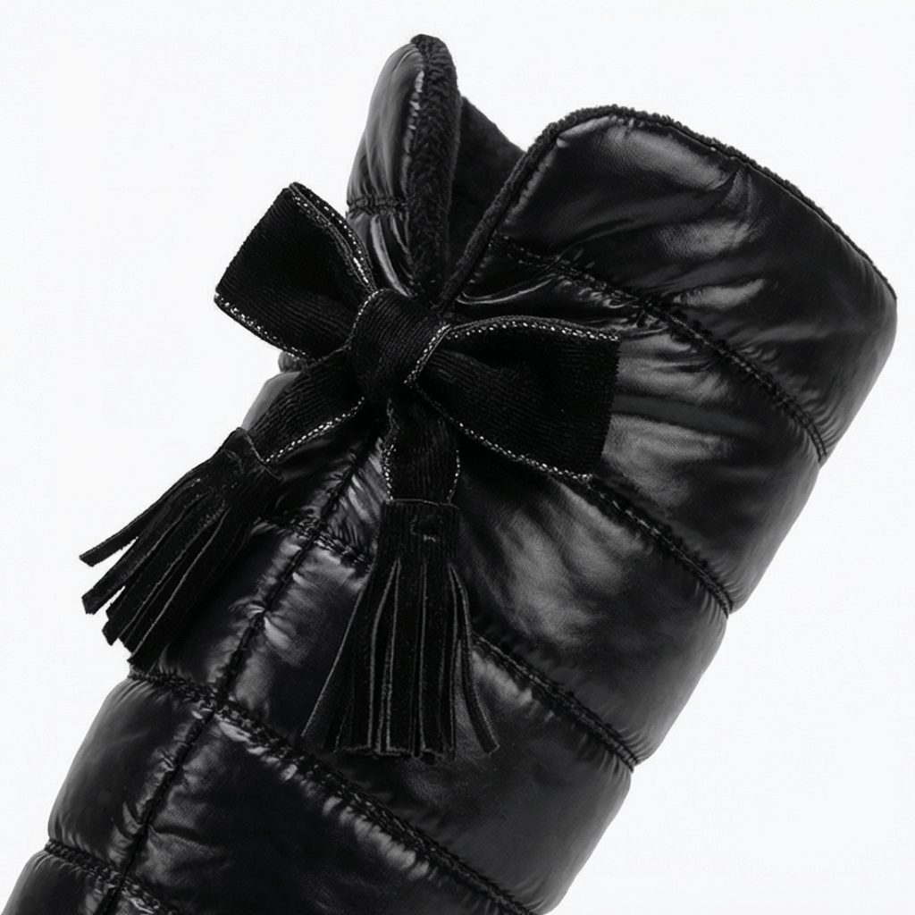 Velura Women's Black Fleece-Lined Quilted Over-the-Knee Boots with Drawstring Bow Detail