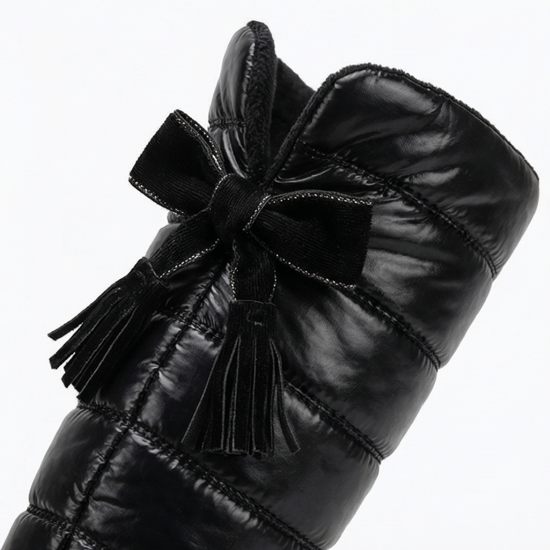 Velura Women's Black Fleece-Lined Quilted Over-the-Knee Boots with Drawstring Bow Detail