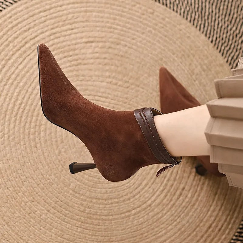 Fang Pointed-Toe Suede Women's Ankle Boots with Sculpted Kitten Heel