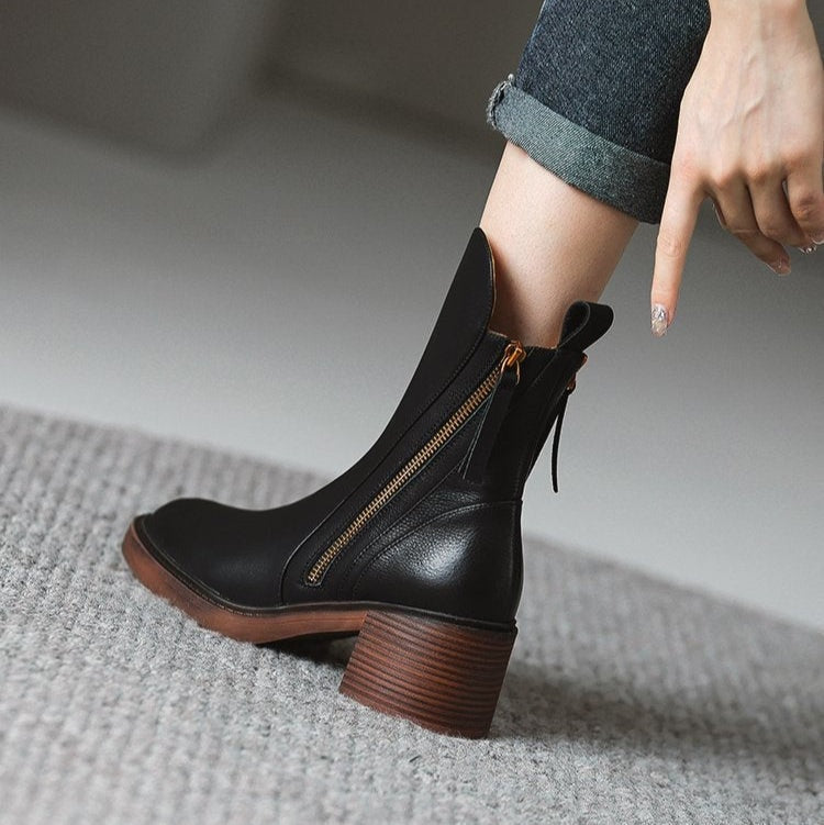 Women's Ankle Boots with Side Zipper and Block Heel in Synthetic for Fall