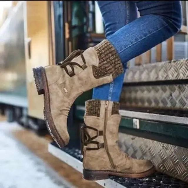 Qing Lace-Up Suede Mid-Calf Women's Boots with Knit Cuff
