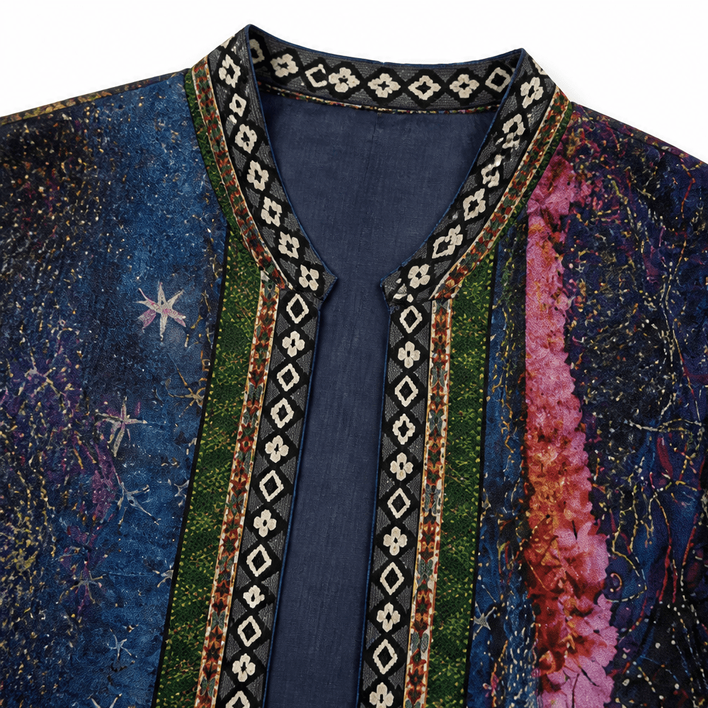Patterned Open-Front Jacket with Embellished Trim for Women