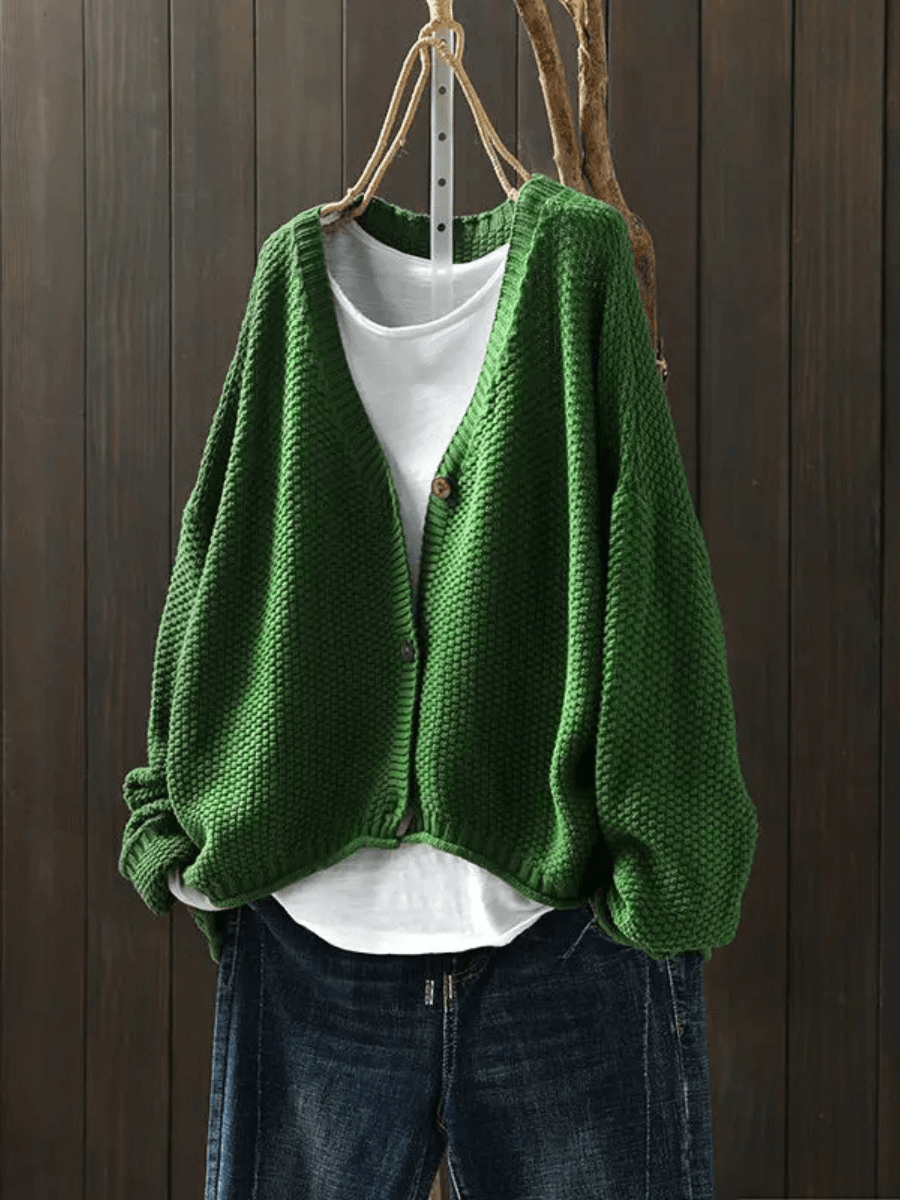 Women's Cropped V-Neck Cardigan in Chunky Textured Knit with Button Front