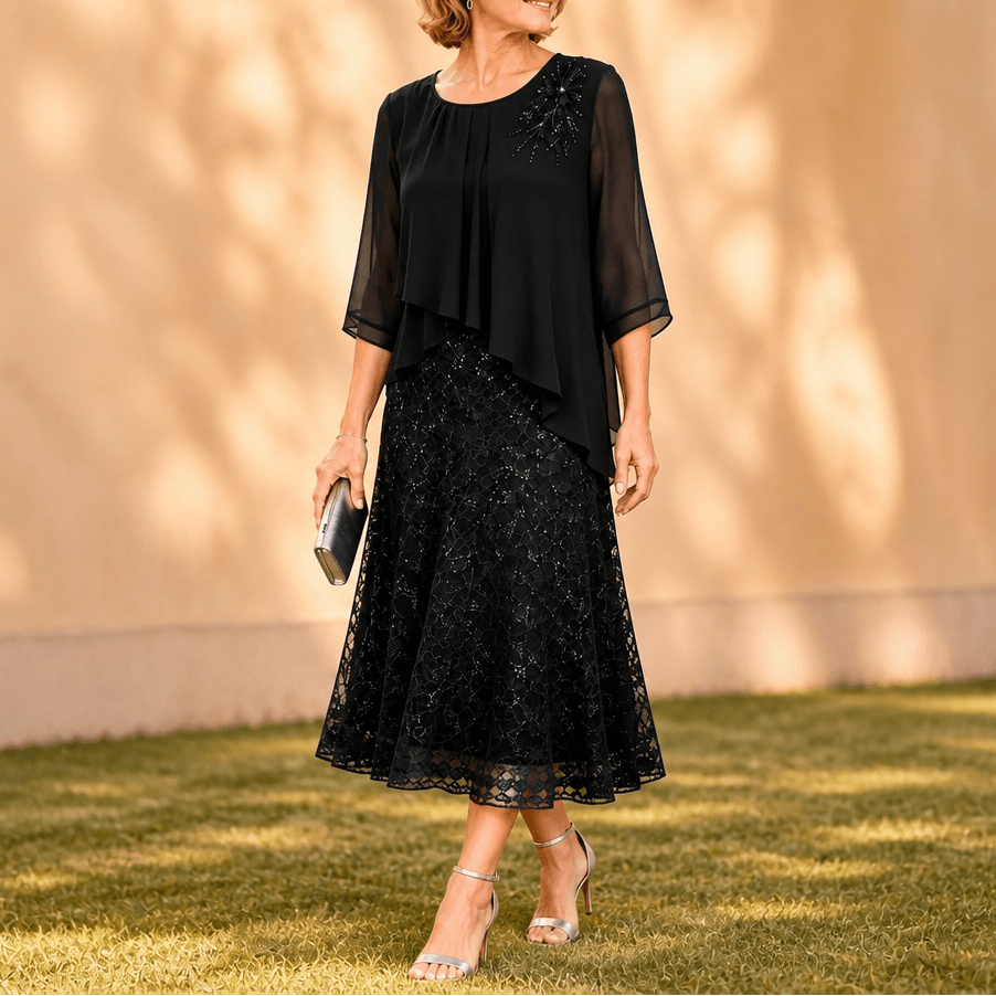 Elavine Floral Lace Overlay Chiffon Women's Midi Dress with Sheer Sleeves