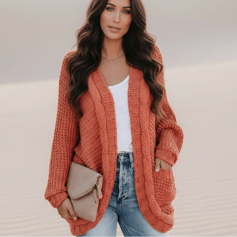 Women's Oversized Open-Front Knitted Sweater Cardigan with Pockets