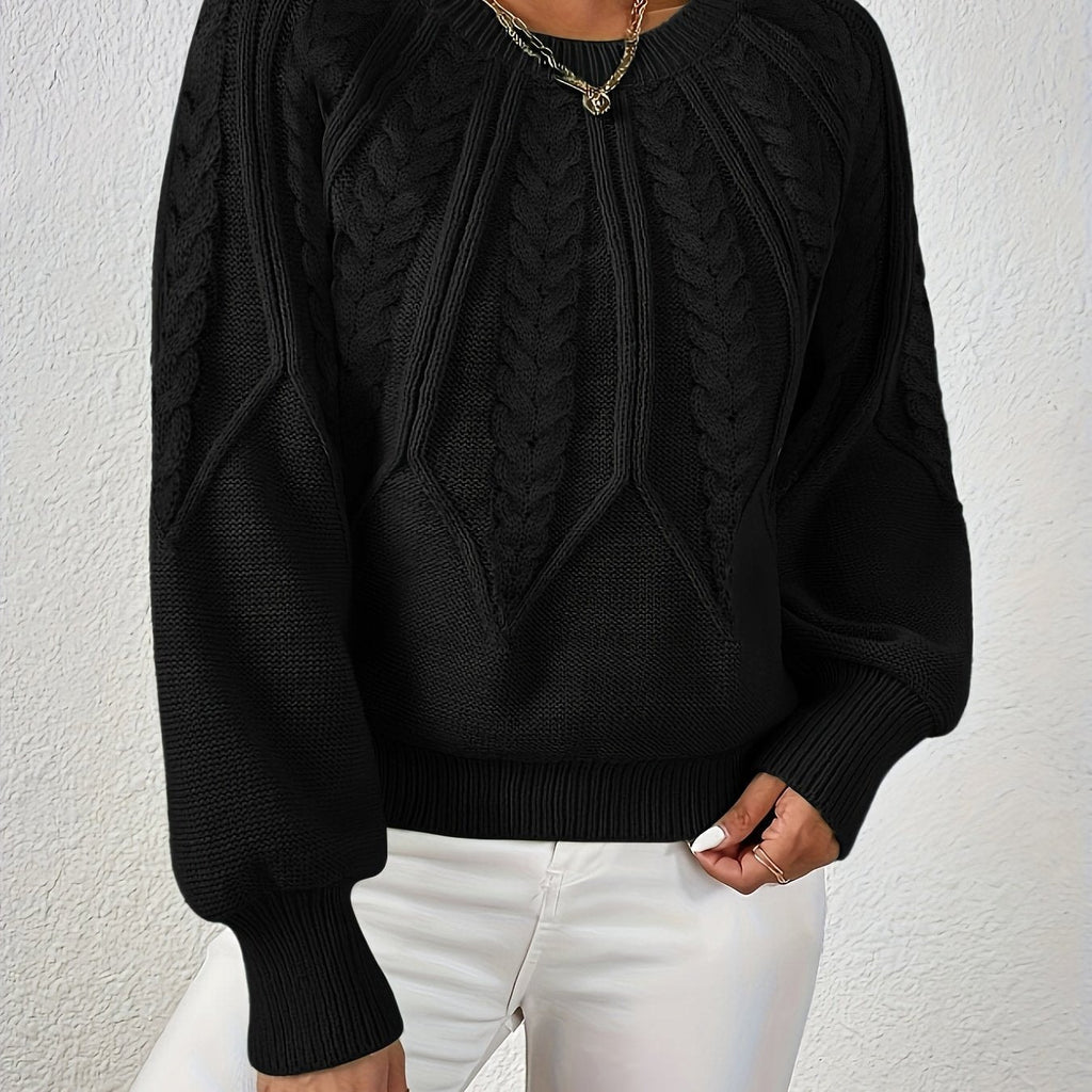 Women's Cropped Cable-Knit Sweater with Ribbed Crew Neck