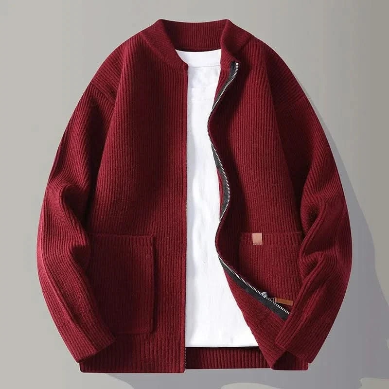 Men's Ribbed Knit Zip-Up Cardigan with Stand Collar and Patch Pockets