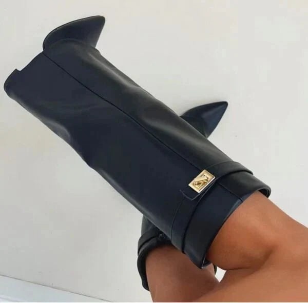 Women's Pointed-Toe Fold-Over Knee-High Boots with Block Heel and Turn-Lock Detail