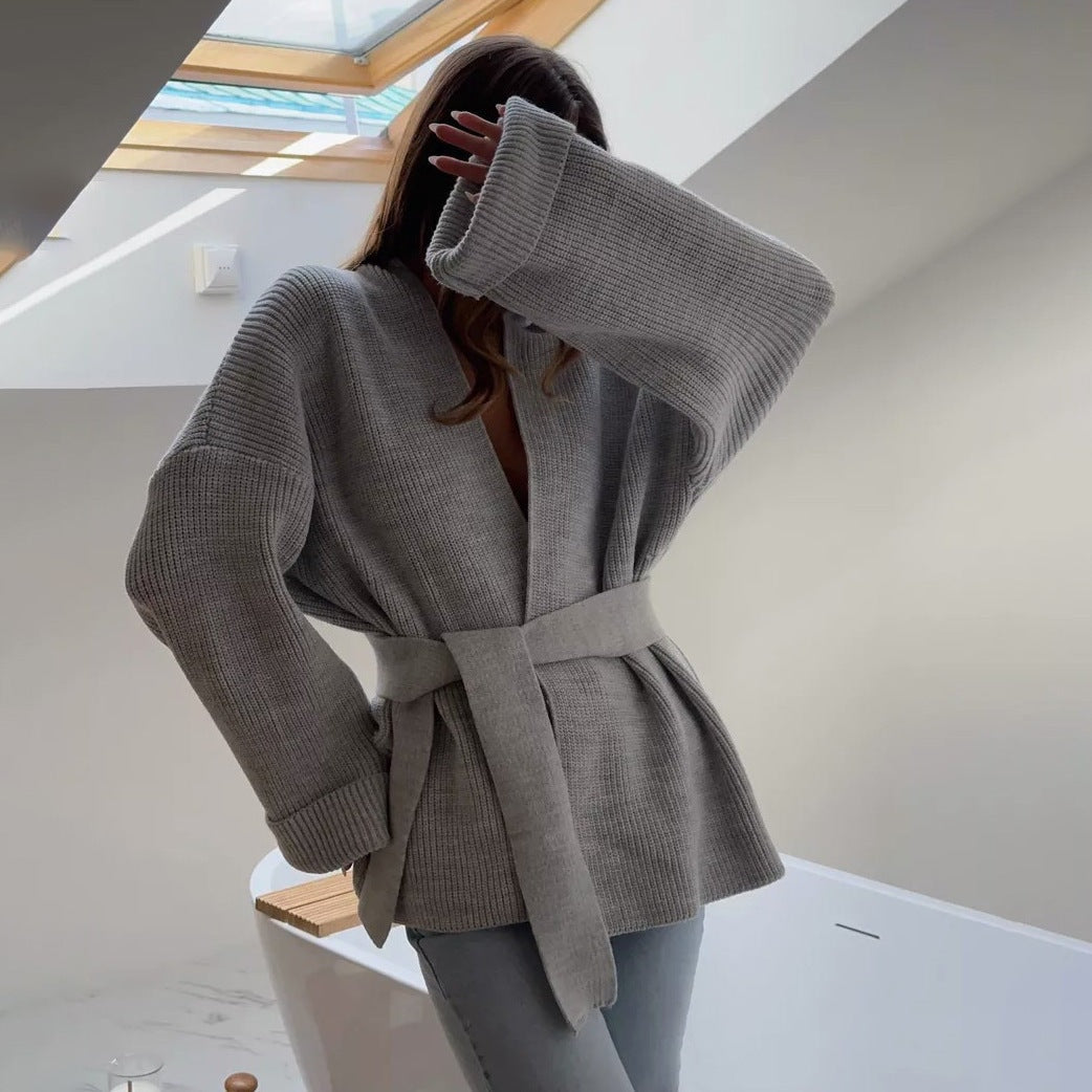 Women's Belted Knit Wrap Cardigan with Cuffed Sleeves and V-Neck