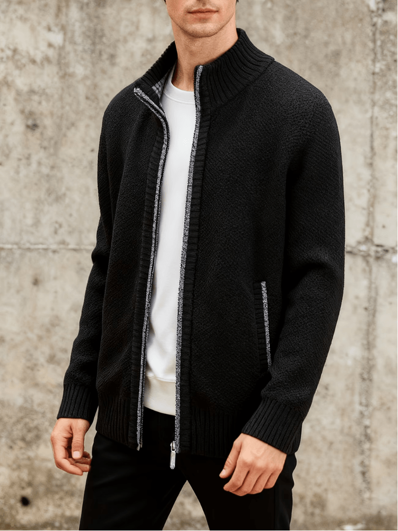Men's Marled Knit Cardigan with Full-Length Zip and Ribbed Stand-Up Collar