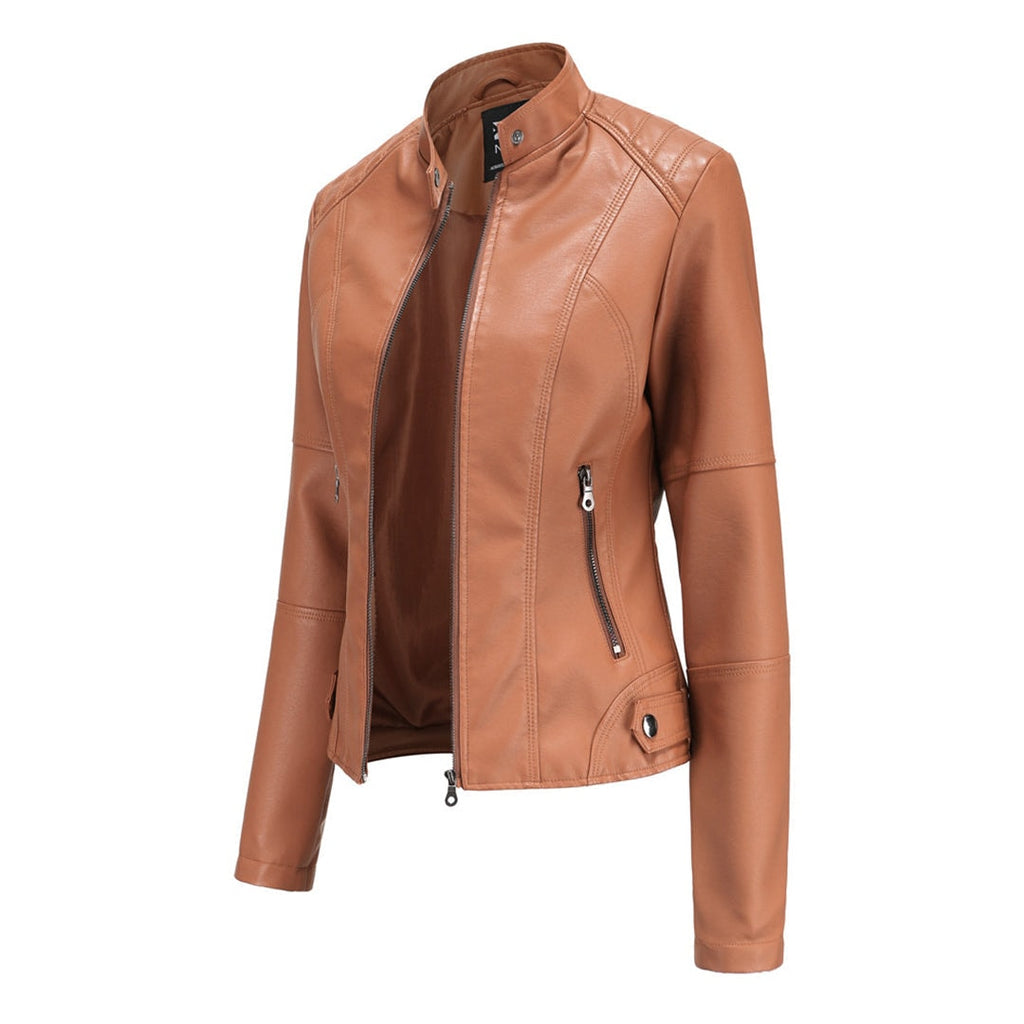 Fitted Faux Leather Moto Jacket with Zip Pockets for Women's Fall Layering