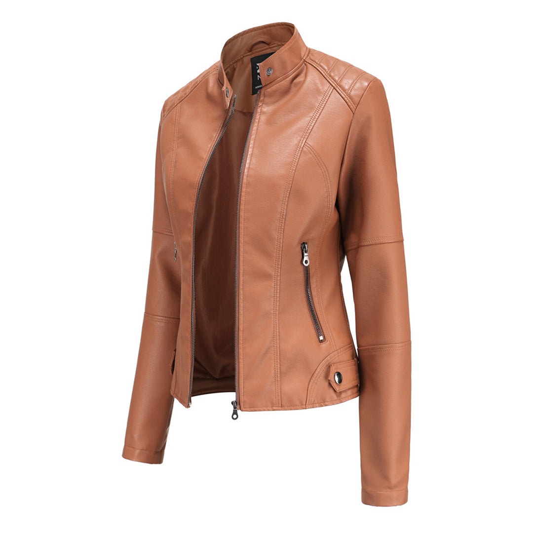 Fitted Faux Leather Moto Jacket with Zip Pockets for Women's Fall Layering