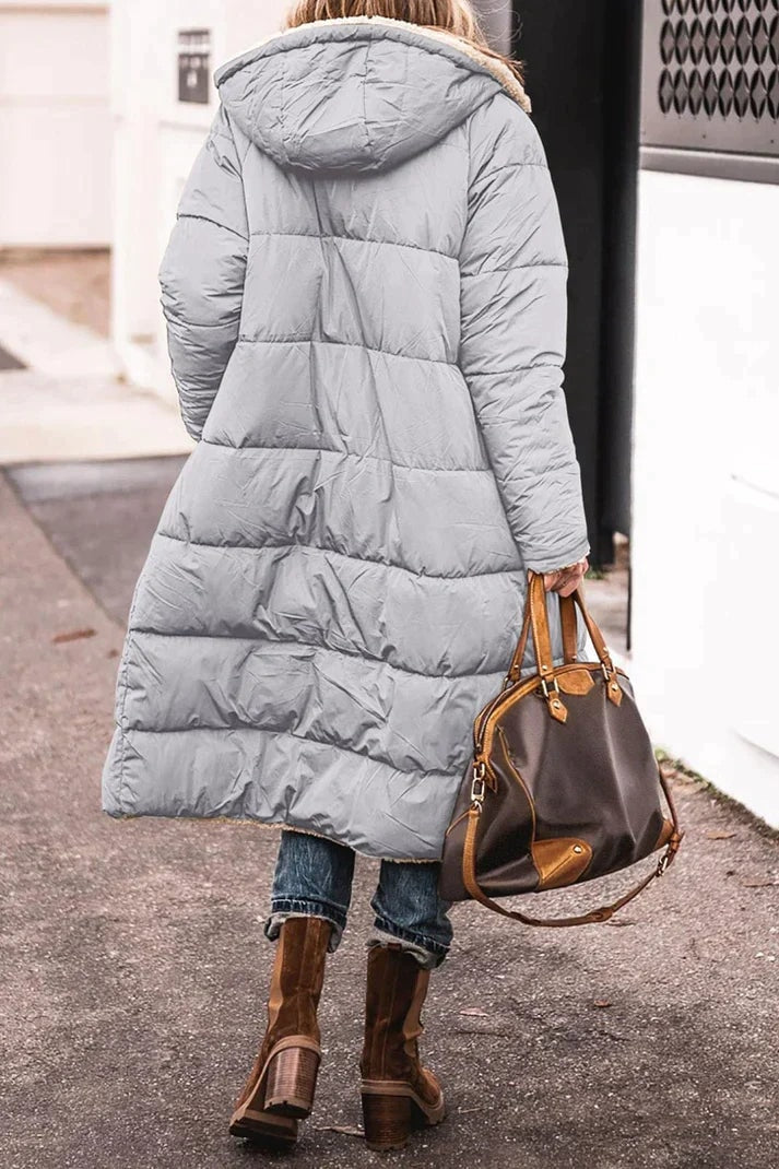 Reversible Teddy-Lined Longline Puffer Winter Coat with Hood