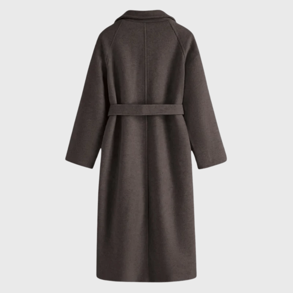 Notched Lapel Wrap Winter Coat with Belted Tie Waist in Wool Blend